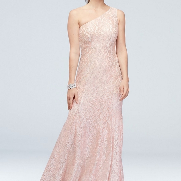 David's Bridal Pink One-Shoulder Lace Gown - Picture 1 of 1